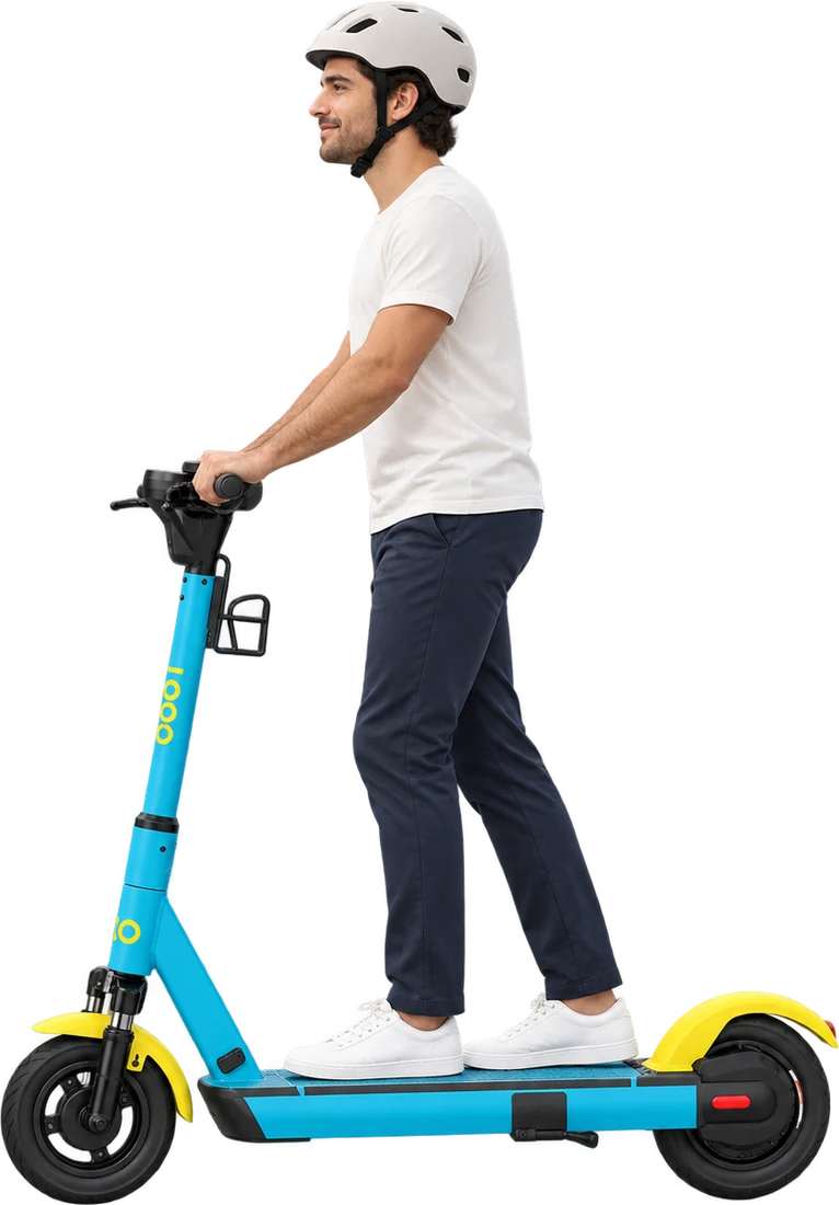 Illustration of a helmeted rider on a Loop scooter, both hands on the handlebars and both feet on the deck